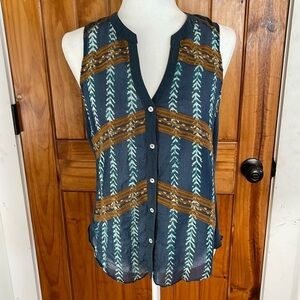 Anthropologie Tiny Sleeveless Top Medium Blue Brown Lace Embroidered Button Up